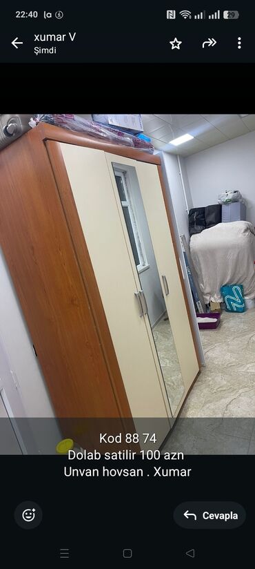деталировка мебели: Kod 88 74
Dolab satilir 100 azn 
Unvan hovsan . Xumar