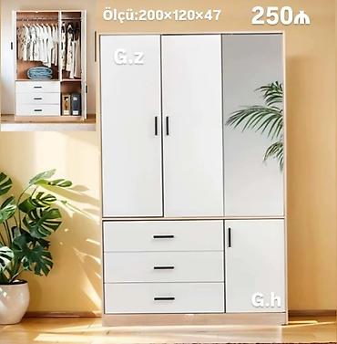 divarda kitab refi: Ağ rəngli, minimalist üslubda paltar dolabı. Ölçü: 200×120×47 sm. - — 1
