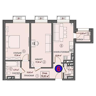 81: 2 комнаты, 70 м², Селекционное с. Элитка, 6 этаж, Евроремонт — 2