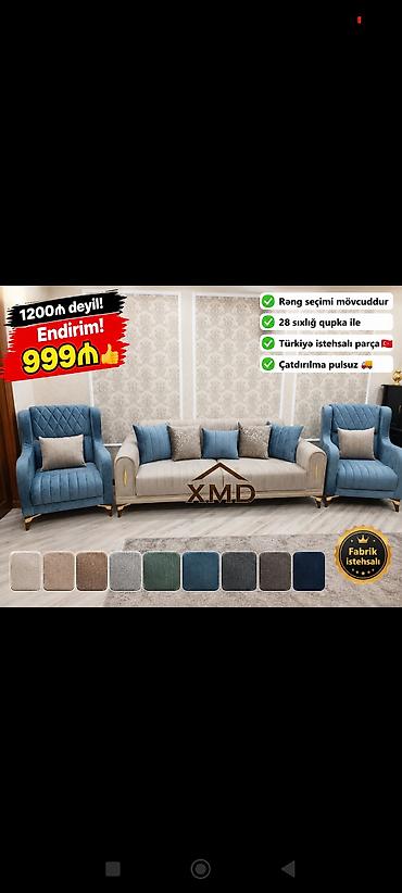 ucuz divanlar: XMD brendli yumşaq mebel dəsti - Tərkib: 3 nəfərlik divan + 2 ədəd — 1