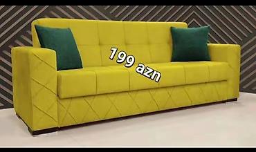 gencede islenmis mebeller: Parlaq sarı rəngli, müasir dizaynlı 3 nəfərlik divan. Kvadrat kapitone — 1