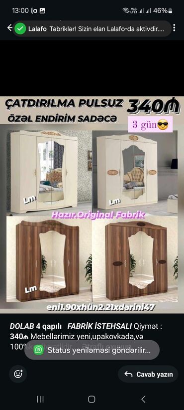 taxt kravat qiymetleri: *_dolab_* *4 qapılı* _*fabri̇k i̇stehsali*_ qiymət : *340₼*