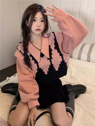2024 Блузка в корейском стиле, розовый свитер из двух совмещённых