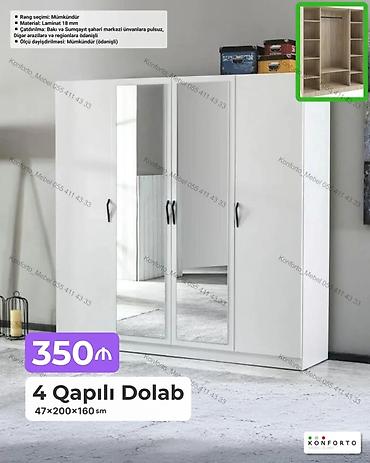 4 qapılı paltar dolabı – 47×200×160 sm - Material: 18 mm laminat - Ön