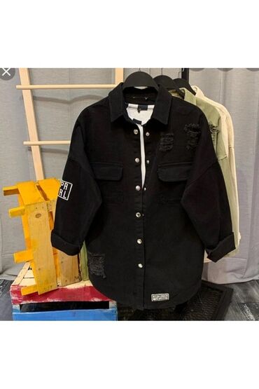 Plaşlar: Razmer M ve L üçün Qara oversize cins köynək/jaket - Model: uzun