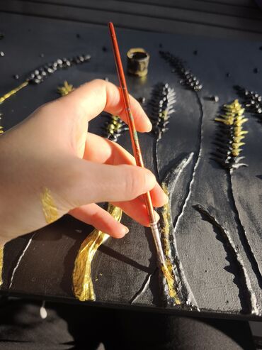 Şəkillər, tablolar: Əl işim "Sünbüllər" dekorativ tablo – qara fon üzərində qızılı sünbül — 13