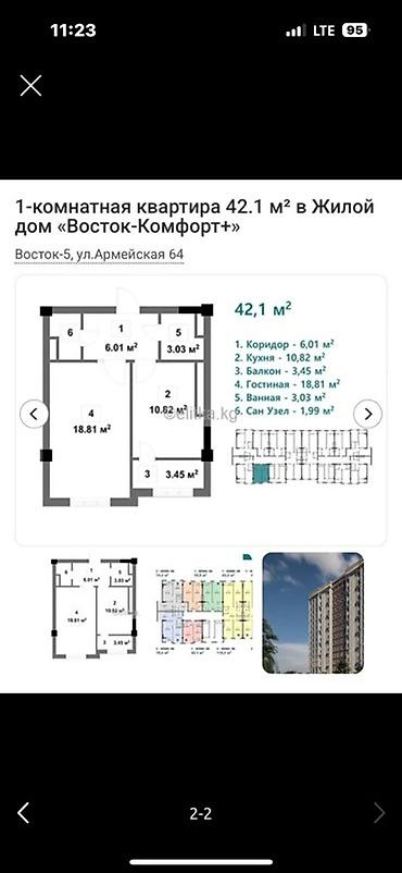 18: 1 комната, 42 м², Восток-5 мкр Элитка, 7 этаж, ПСО (под самоотделку) — 1