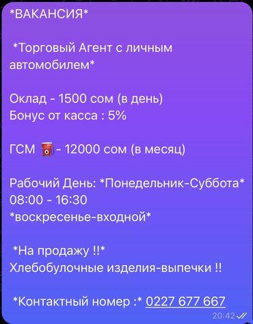 официант работа для школьников: *ВАКАНСИЯ* *Торговый Агент с личным автомобилем* Оклад - 1500 сом