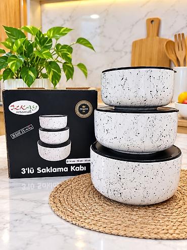 İlkay Seramik 3’lü Saxlama Qabları Dəsti - Material: seramik gövdə