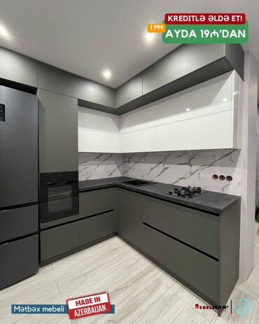 Sifarişlə mətbəx mebeli: Sifarişlə mətbəx dəsti, Özü çəkən petlələr, Sadə laminat, Kredit var, Rayonlara çatdırılma, Pulsuz çatdırılma — 13