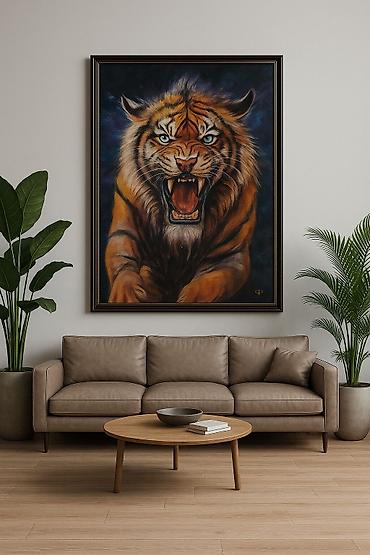 Картины: Картина «Тигр» ручной работы выполнена из шерсти, валяние, интерьерная — 5