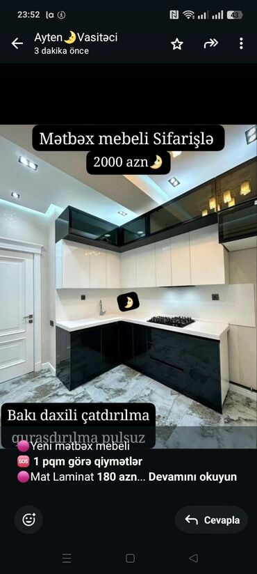 стол в стиле прованс: 🟣Yeni mətbəx mebeli 🆘 *1 pqm görə qiymətlər* 🟣Mat Laminat *180 azn*