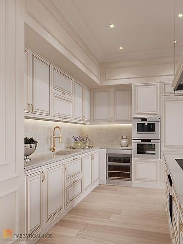 Кухонные гарнитуры: Кухонный гарнитур в современном стиле, выполненный в светлых тонах. Он — 6