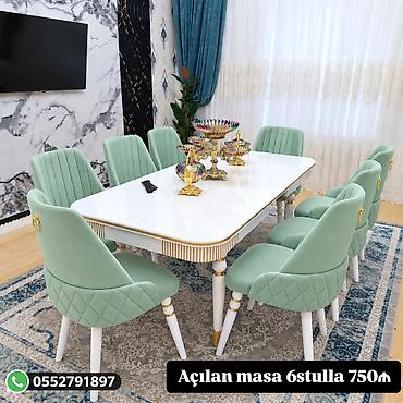 Açılan yemək masası dəsti – 6 stul ilə birlikdə. - Masa: parlaq ağ