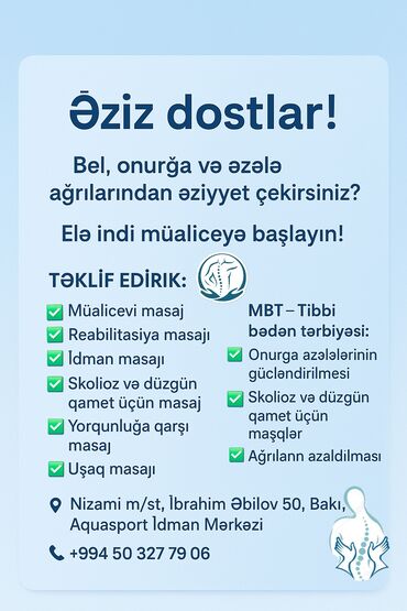 Sifarişlə əl işləri: Müalicəvi masaj, Uşaqlar üçün, Kişilər üçün, Qadınlar üçün, Evə gəlməklə, Klinikada