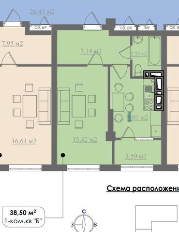 1 комнатная квартира 8 мкр: 1 комната, 39 м², Элитка, 8 этаж, ПСО (под самоотделку)