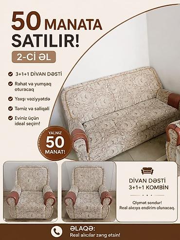 stol ve stul: Divan dəsti – 3+1+1 kombinə - Rəng və naxış: bej fonlu, klassik — 1