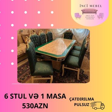 Masa və oturacaq dəstləri: Qonaq otağı üçün, Yeni, Açılmayan, Dördbucaq masa, 6 stul — 18
