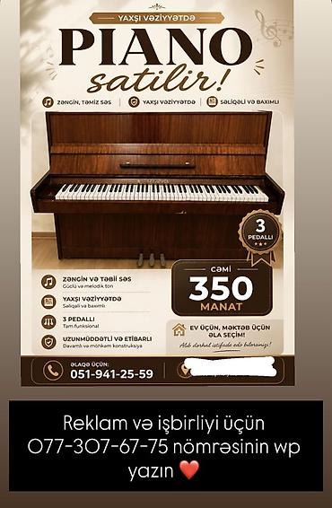 Клавишные инструменты: Piano satılır – 3 pedallı, akustik upright model. Xüsusiyyətlər: - — 1