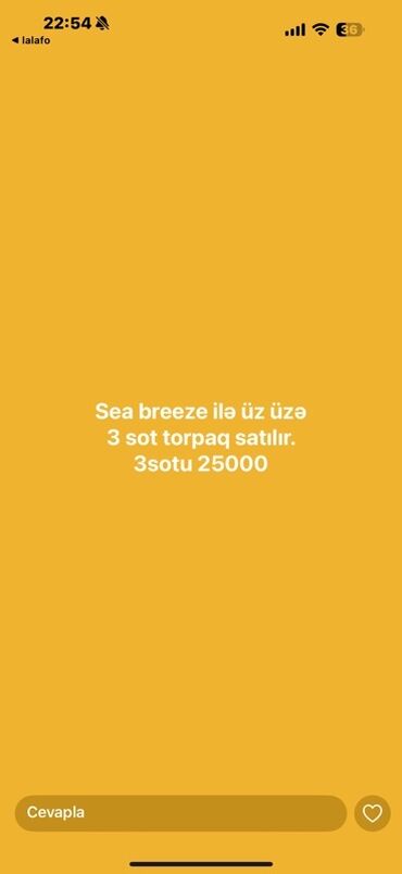 Torpaq sahələrinin satışı: Sea Breeze ərazisində yerləşən 3 sot torpaq sahəsi satılır. Bu torpaq