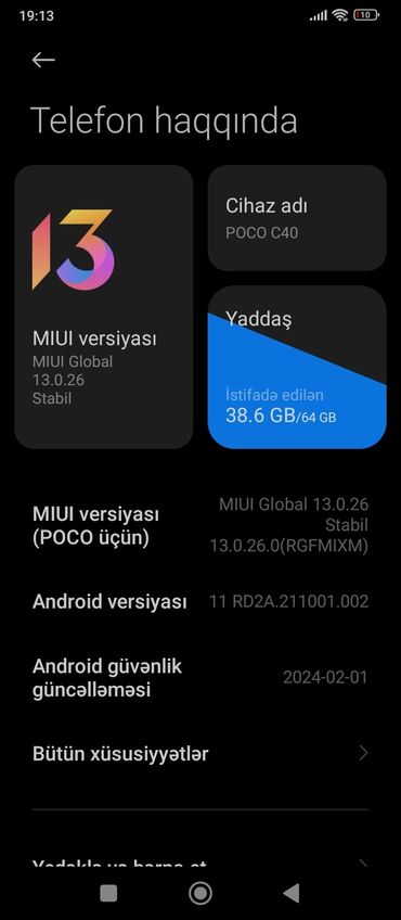 biznes nömrələr: Poco C40, 64 GB, rəng - Yaşıl, Barmaq izi