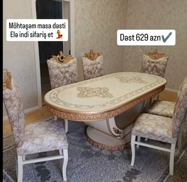 Masa və oturacaq dəstləri: Qonaq otağı üçün, Yeni, Açılmayan, Dördbucaq masa, 6 stul — 4