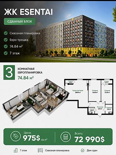 artwin: 3 комнаты, 74 м², АЮ Гранд Элитка, 7 этаж, ПСО (под самоотделку) — 1