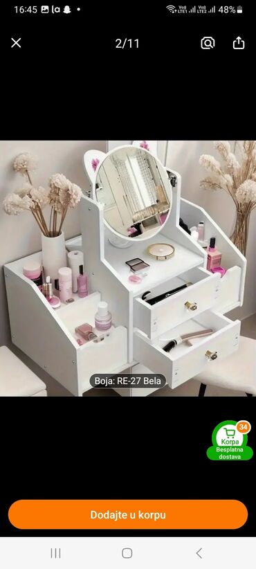 Neseseri: Organizator za kozmetiku u beloj boji sa ogledalom. Poseduje dve fioke — 10