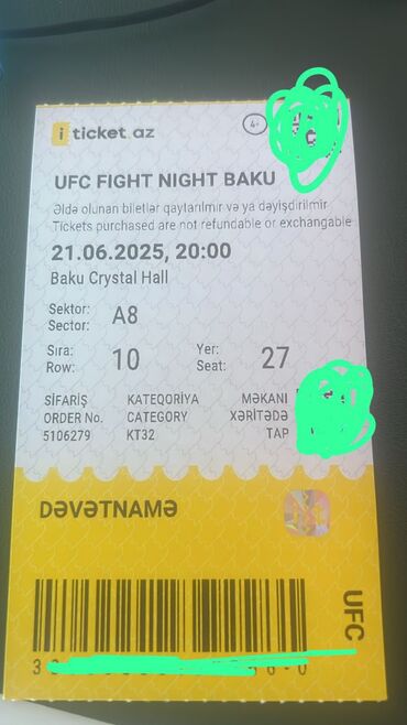 Перчатки: Sektor A8
Sıra 10
Yer 27
350 manatlıq bilet