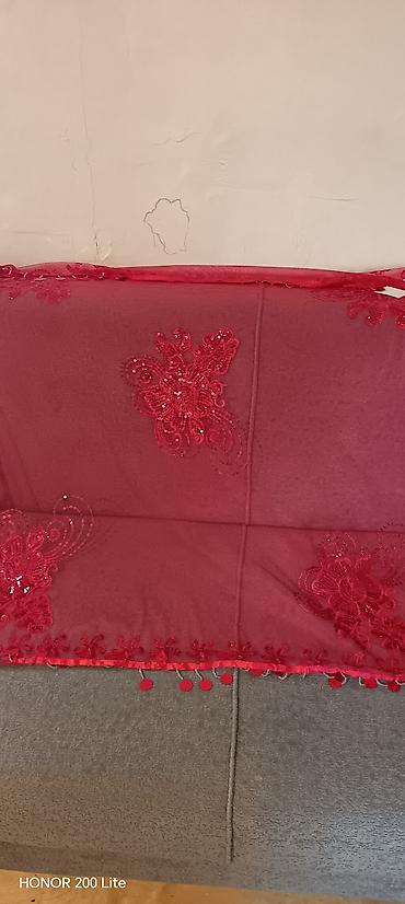 Hicab: Məhsul: Qırmızı bəzəkli şal/örtü - Material: Yüngül, şəffaf tül tipli — 1