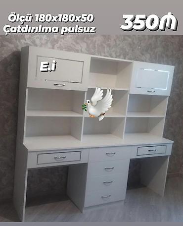 Ağ rəngli böyük iş masası və rəf sistemi. Ölçü: 180x180x50 sm
