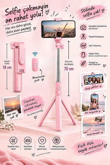 Bluetooth-pultlu selfie çubuğu və tripod – kiçik ölçü, böyük imkanlar!