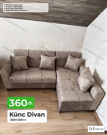 Divanlar: Künc divan – 200×200 sm - Mexanizm: açılan, bazalı (yataq funksiyalı — 1
