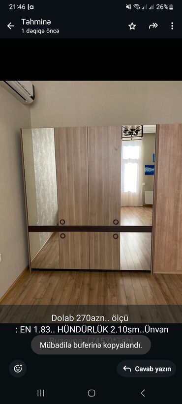 Masa və oturacaq dəstləri: Dolab 270azn. ölçü : EN 1.83. HÜNDÜRLÜK 2.10sm. Ünvan