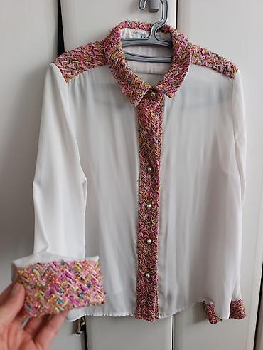 Personal Items: Elegantna bela ženska košulja sa unikatnim detaljima od šarenog tvida — 1
