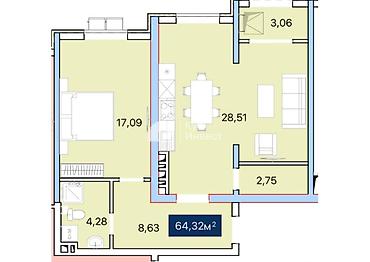 64: 2 комнаты, 64 м², Аэропорт Манас Элитка, 5 этаж, ПСО (под самоотделку) — 3