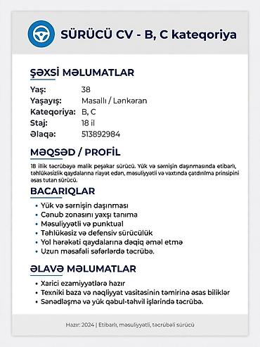 Şəxsi sürücü, 38 yaş, stajı 18 il, Nəqliyyat təmin edilir