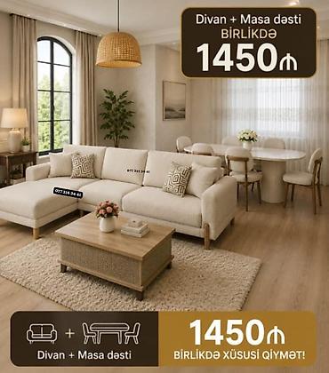 masa oturacaqlar: Divan + Masa dəsti – birlikdə Məhsul tərkibi: - Künc divan: krem — 1