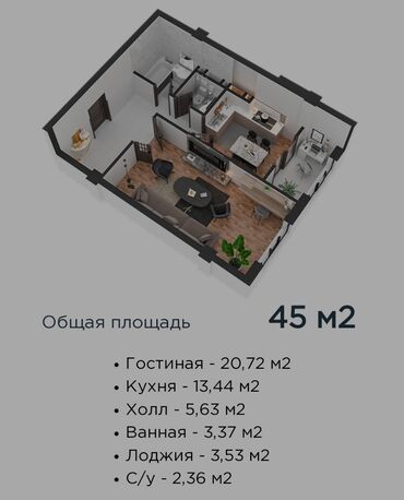 правда боконбаева квартира: 1 комната, 45 м², Элитка, 6 этаж, ПСО (под самоотделку)