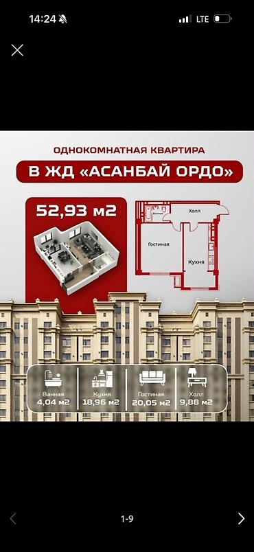 2 8: 2 комнаты, 53 м², Асанбай мкр Элитка, 8 этаж, ПСО (под самоотделку) — 8