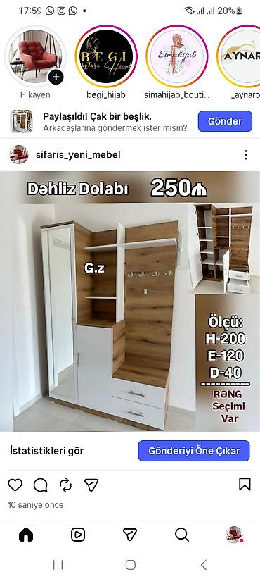 Dəhliz dolabları: Dəhliz dolabı – 250₼ Ölçülər: - Hündürlük: 200 sm - En: 120 sm - — 1