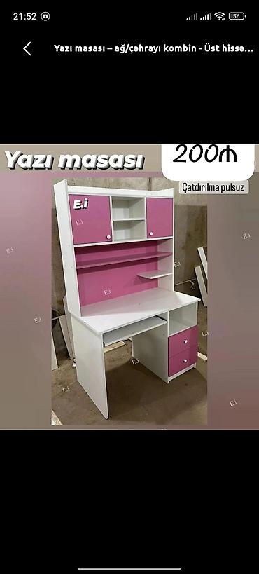 yazı masası qiyməti: Yazı masası – ağ/çəhrayı kombin - Üst hissədə qapalı dolablar və açıq — 1