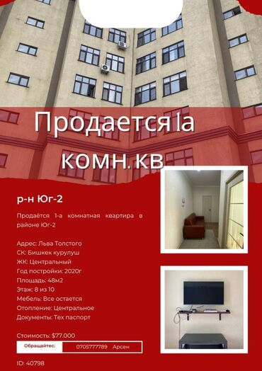 Продажа квартир: 1 комната, 48 м², Элитка, 8 этаж, Евроремонт