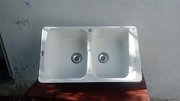 demir su çen: Mətbəx üçün iki gözlü lavabo - Material: kompozit/akril tipli ağ səth — 1