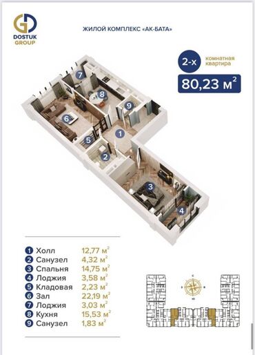 аренда квартир на долгий срок город ош: 2 комнаты, 80 м², Элитка, 12 этаж, ПСО (под самоотделку)