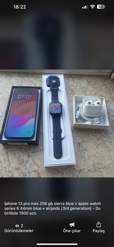 iphone x 256 qiymeti: IPhone 13 Pro Max, 256 GB, Mavi, Face ID