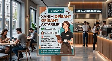 is elanlari usta: Ofisiant tələb olunur, Kafe, Aylıq ödəniş, 18-29 yaş, 1 ildən az təcrübə — 1