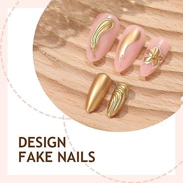 nakit set: Set presovanih (press-on) noktiju – roze baza sa zlatnim 3D detaljima — 5