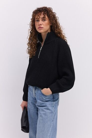 женские хлопковые леггинсы: Qadın sviteri – qara rəng, yarım fermuarlı - Model: həcmli toxunuşlu