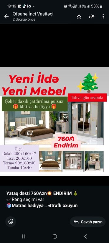 Soyuducu vitrinləri: *Yataq dəsti 789Azn💥 ENDİRİM 🎄* ✔️Rəng seçimi var *🎁Matras hədiyyə* ✔️